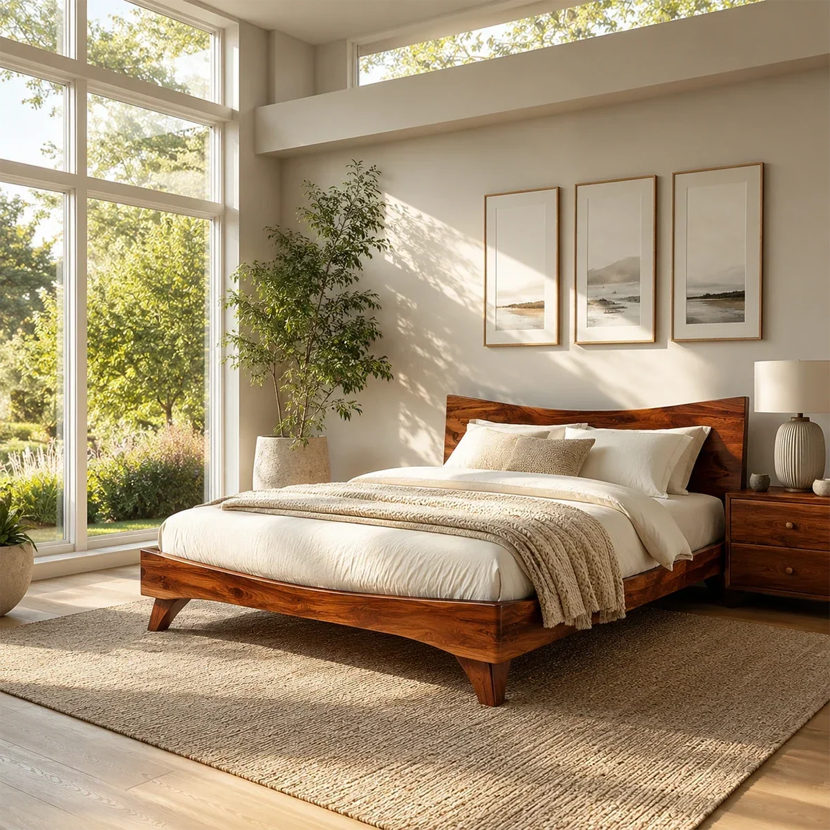 Garden View Wooden Bed Frame With Curved Headboard and Low Profile Base - ArborisWood