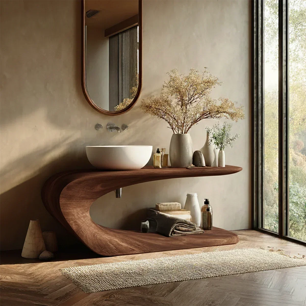 Integrated Shelf Bathroom Vanity Natural Solid Wood Curved Sculptural Form - ArborisWood - 6