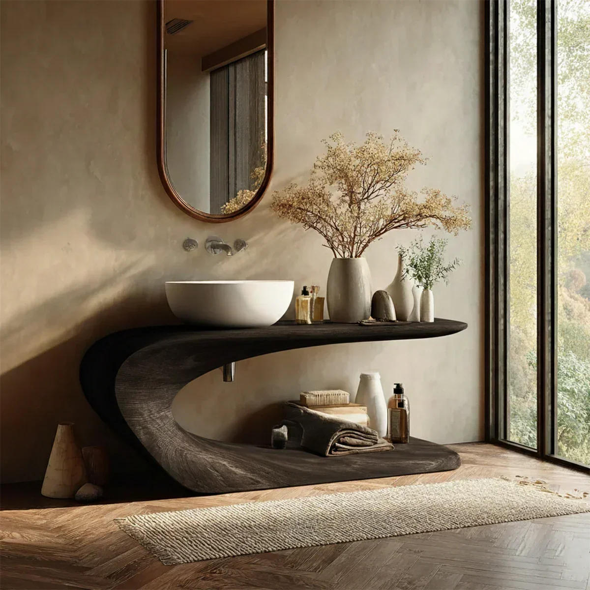 Integrated Shelf Bathroom Vanity Natural Solid Wood Curved Sculptural Form - ArborisWood - 8