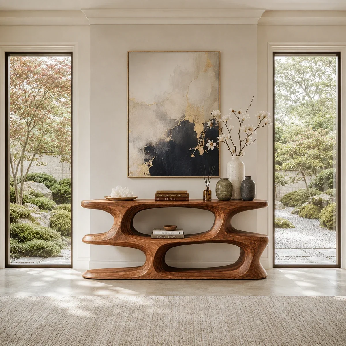 Organic modern console table featuring flowing storage niches and warm wood tone