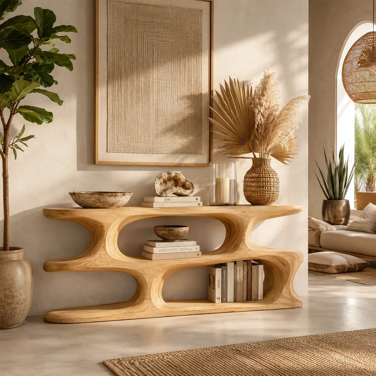 Modern accent console with curved architecture and display shelves for home styling