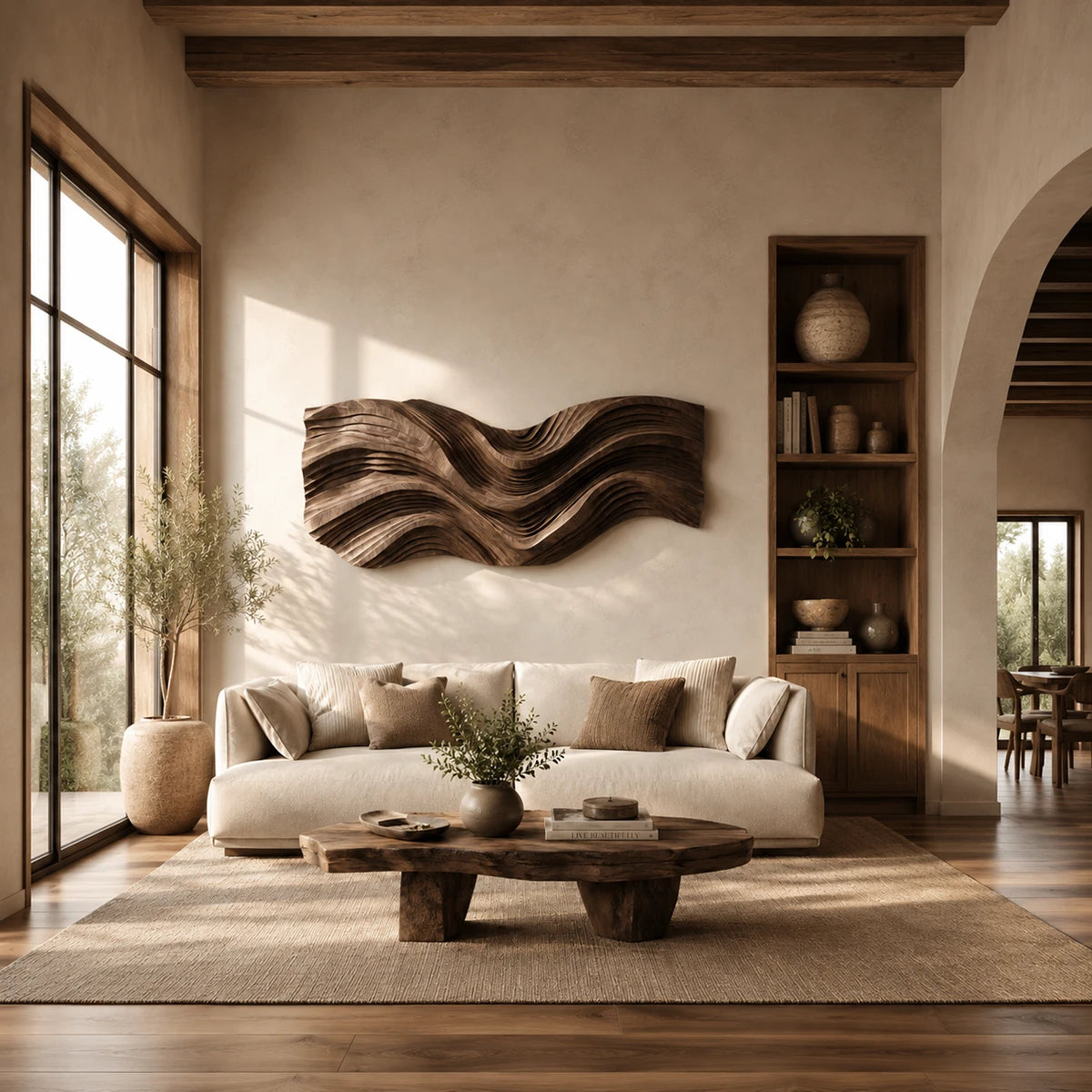 Across the wall, flowing relief lines create movement through this sculptural art panel