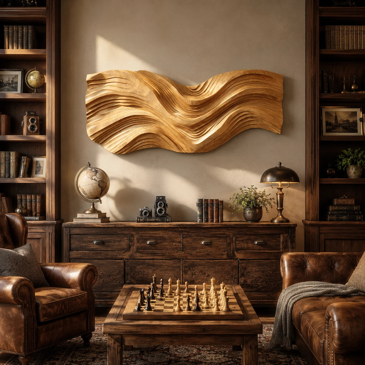 Wave inspired carving gives this decorative wall panel a strong sculptural presence indoors