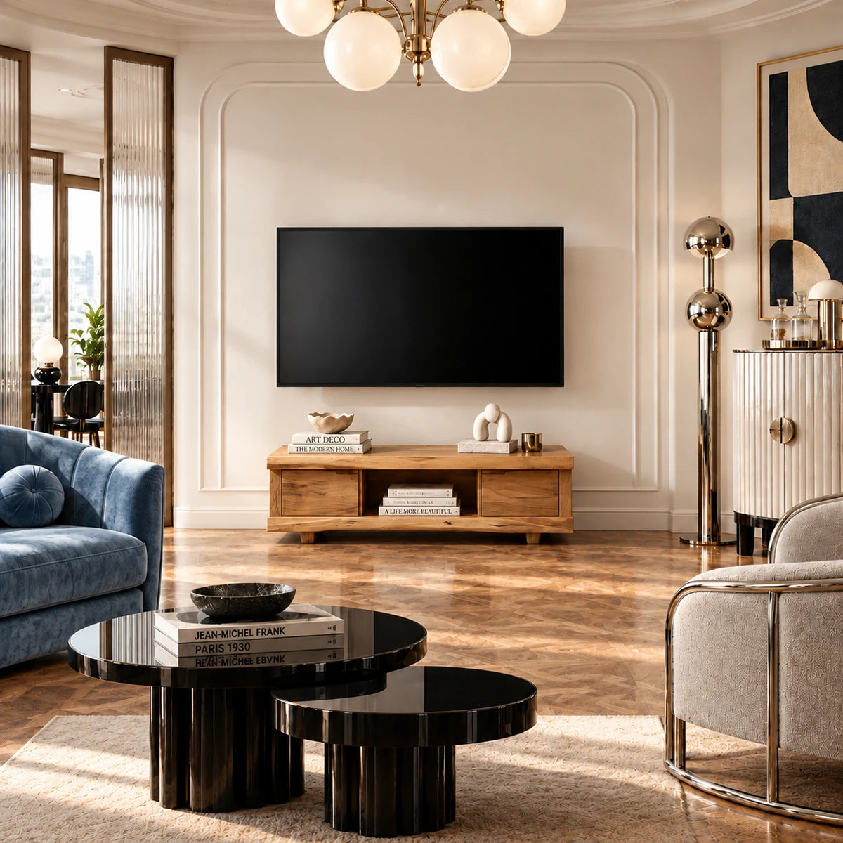 For modern homes, this media unit in natural solid wood adds sleek storage appeal