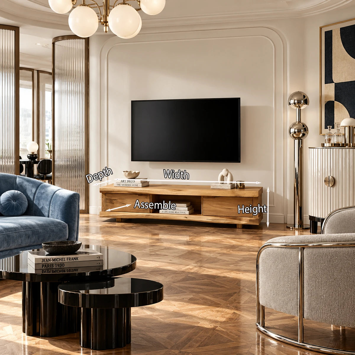 Sophisticated entertainment console in natural solid wood with light tone finish