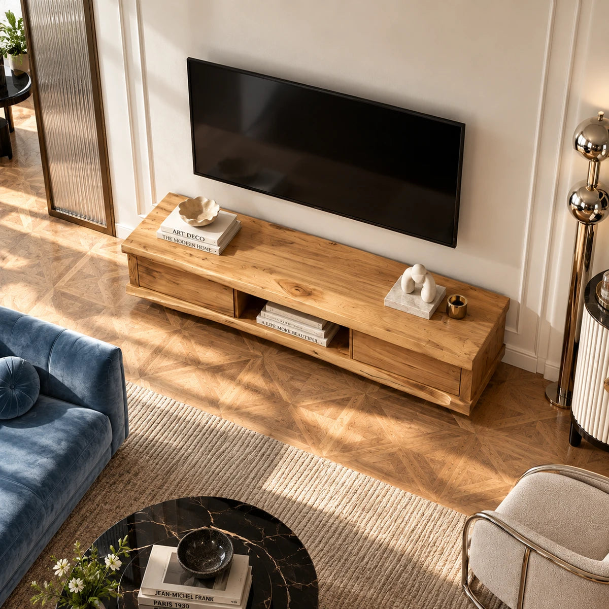 Low profile television stand in natural solid wood with two drawers and shelf space