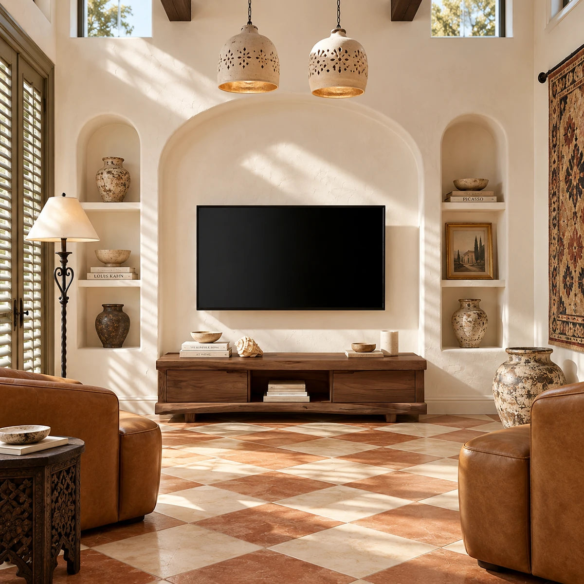 Bring home a living room TV stand in natural solid wood with a light tone look today