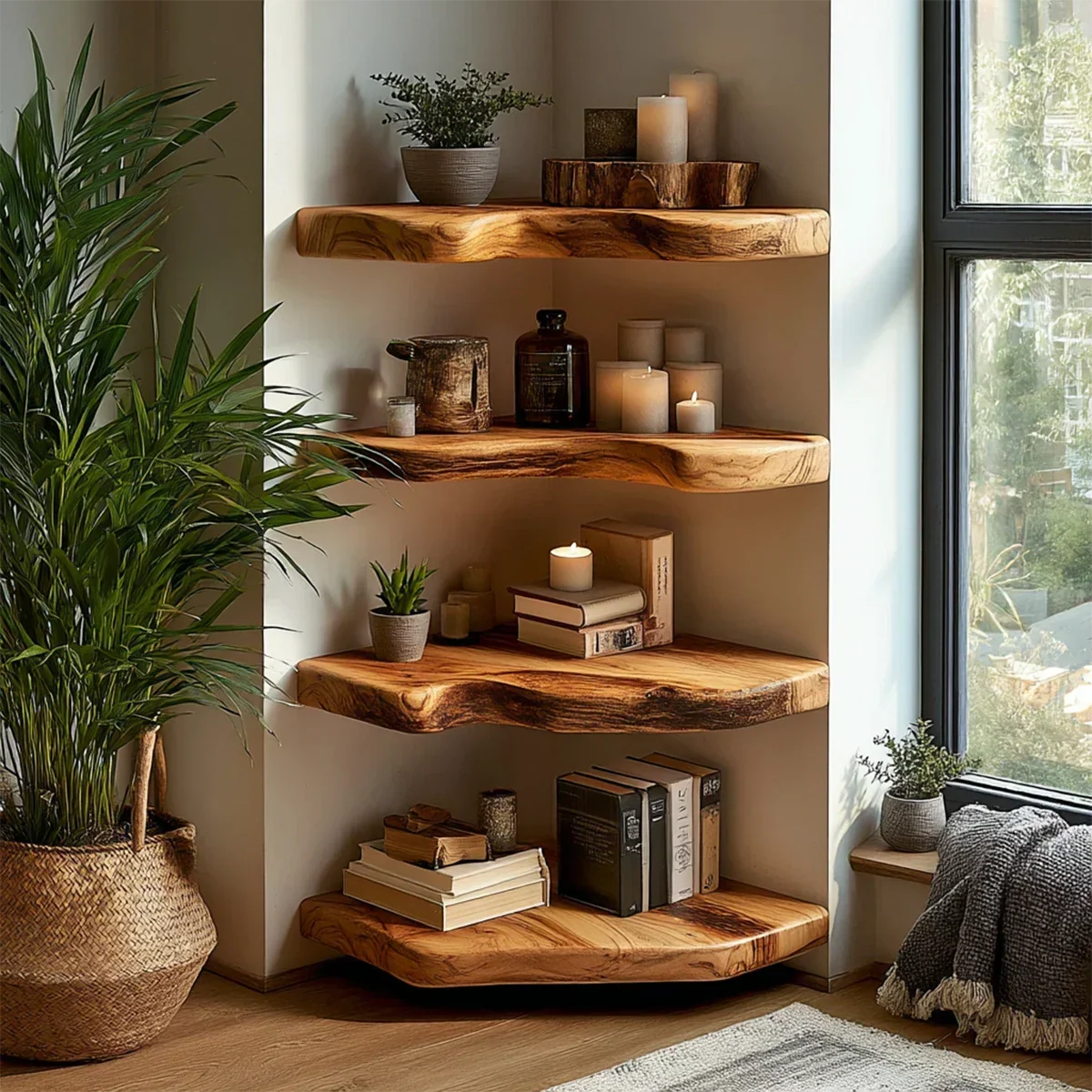 Live Edge Corner Floating Shelves Natural Solid Wood Rustic Wall Shelf - ArborisWood