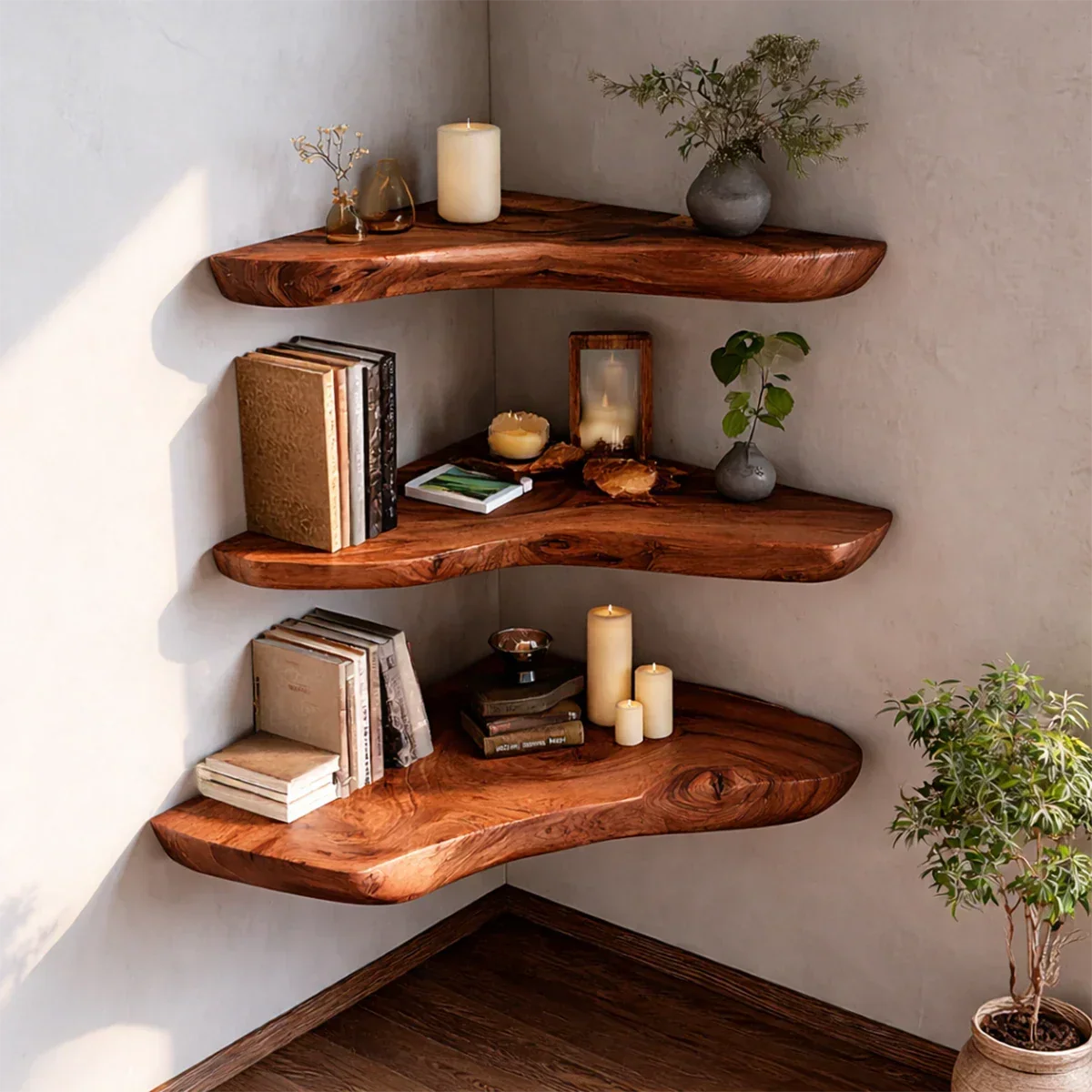 Live Edge Corner Floating Shelves Solid Wood Wall Mounted Storage - ArborisWood - 5