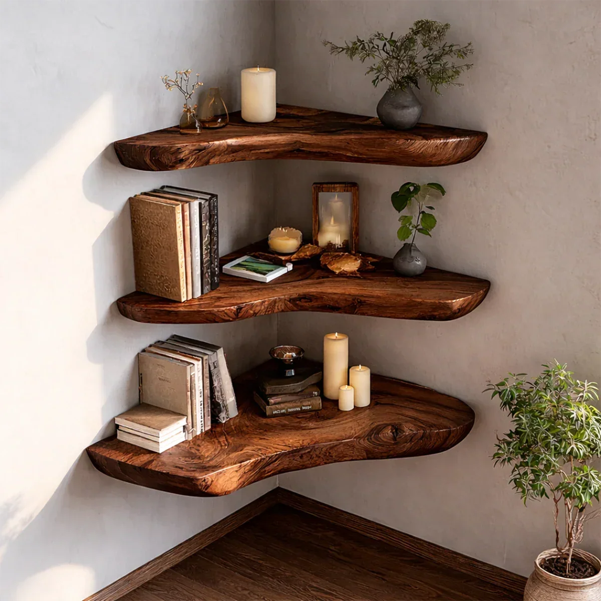 Live Edge Corner Floating Shelves Solid Wood Wall Mounted Storage - ArborisWood - 6