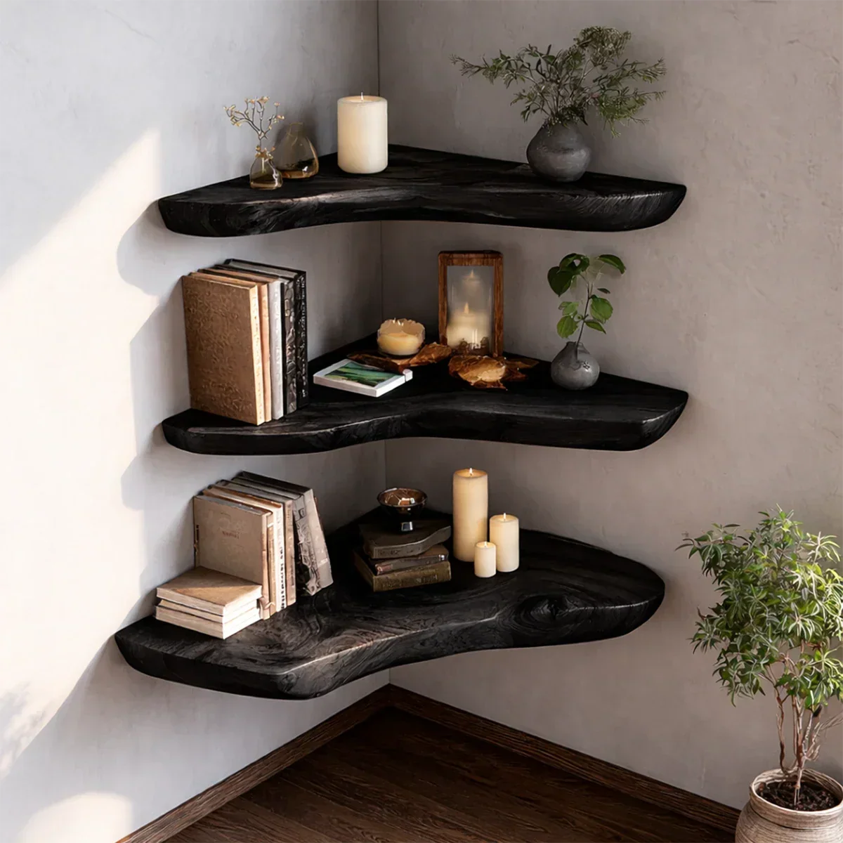 Live Edge Corner Floating Shelves Solid Wood Wall Mounted Storage - ArborisWood - 7