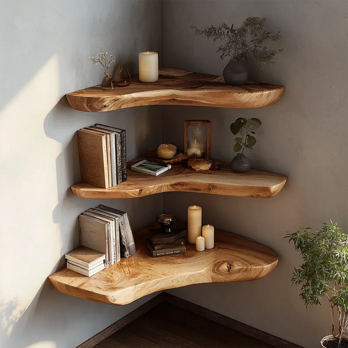 Live Edge Corner Floating Shelves Solid Wood Wall Mounted Storage - ArborisWood