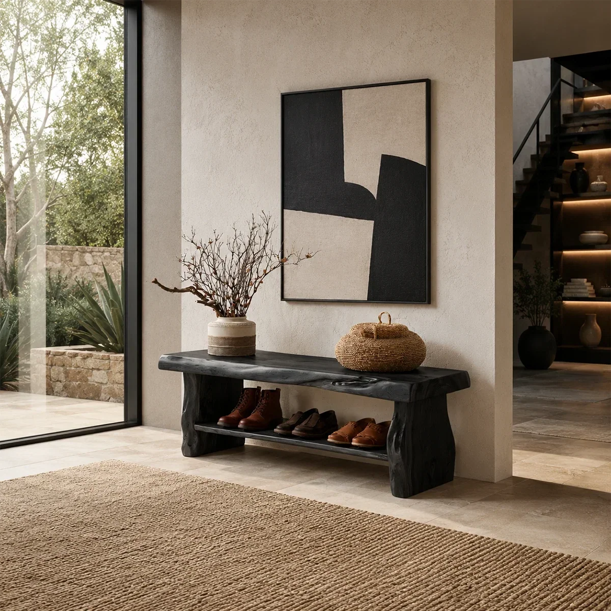 Contemporary bench with organic edges and lower shelf in a luxury backyard retreat