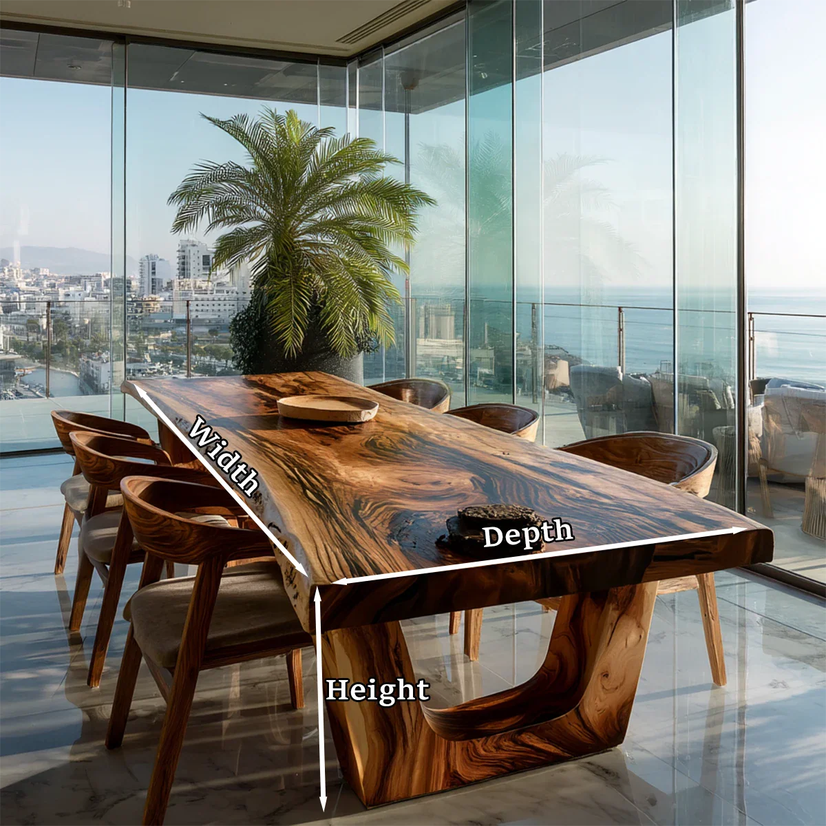 Modern dining table with natural slab top and smooth finish, ideal for bright open living interiors