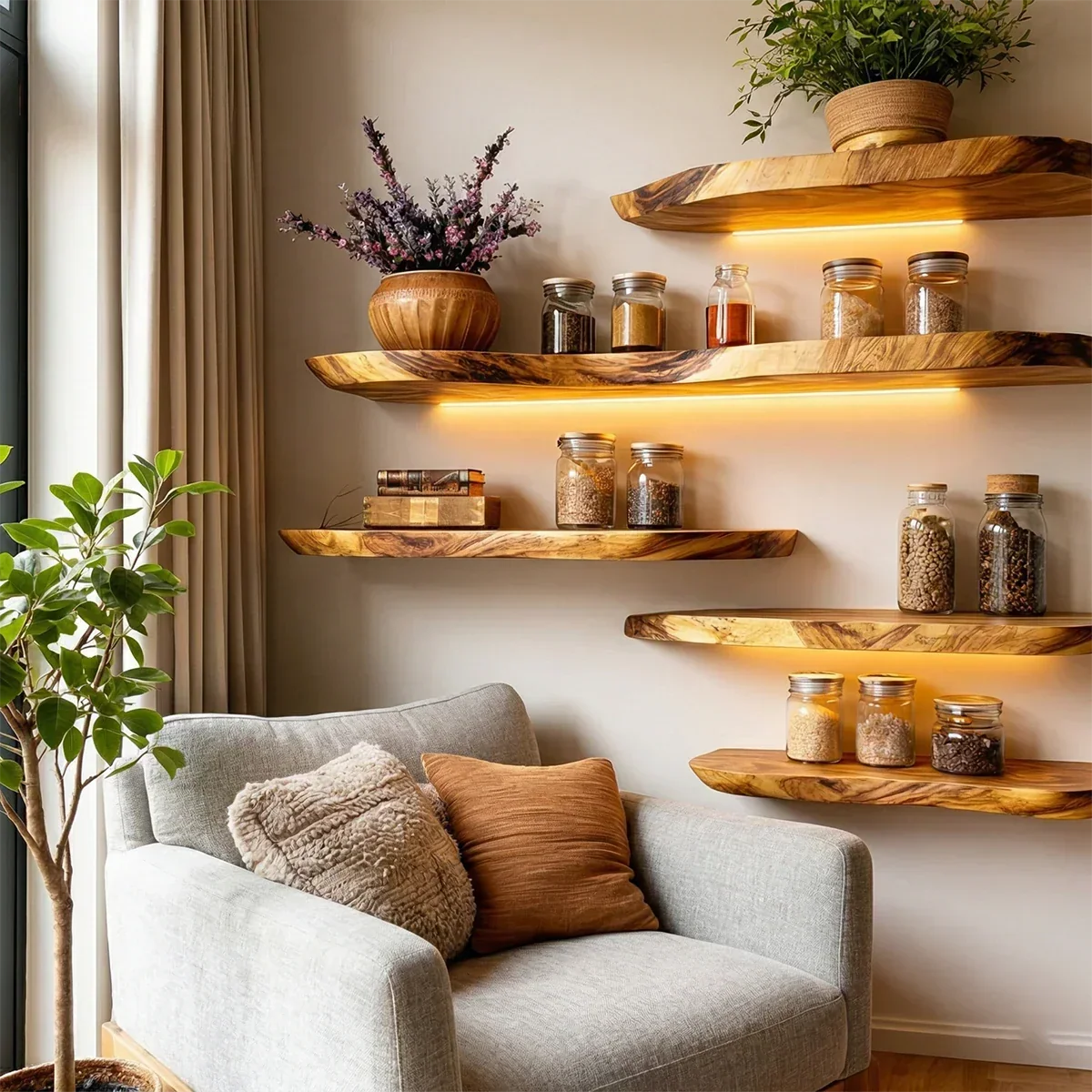Live Edge Wall Floating Shelves Solid Wood Mounted Display Storage - ArborisWood - 3