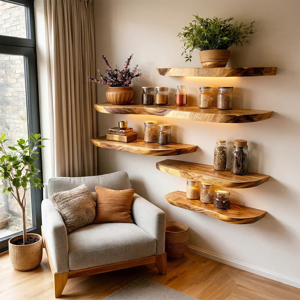 Live Edge Wall Floating Shelves Solid Wood Mounted Display Storage - ArborisWood - 4