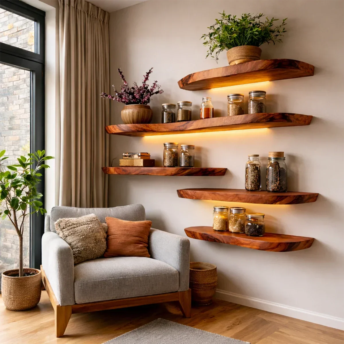 Live Edge Wall Floating Shelves Solid Wood Mounted Display Storage - ArborisWood - 5