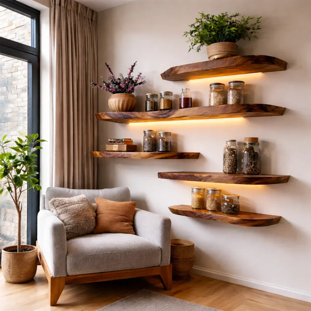 Live Edge Wall Floating Shelves Solid Wood Mounted Display Storage - ArborisWood - 6