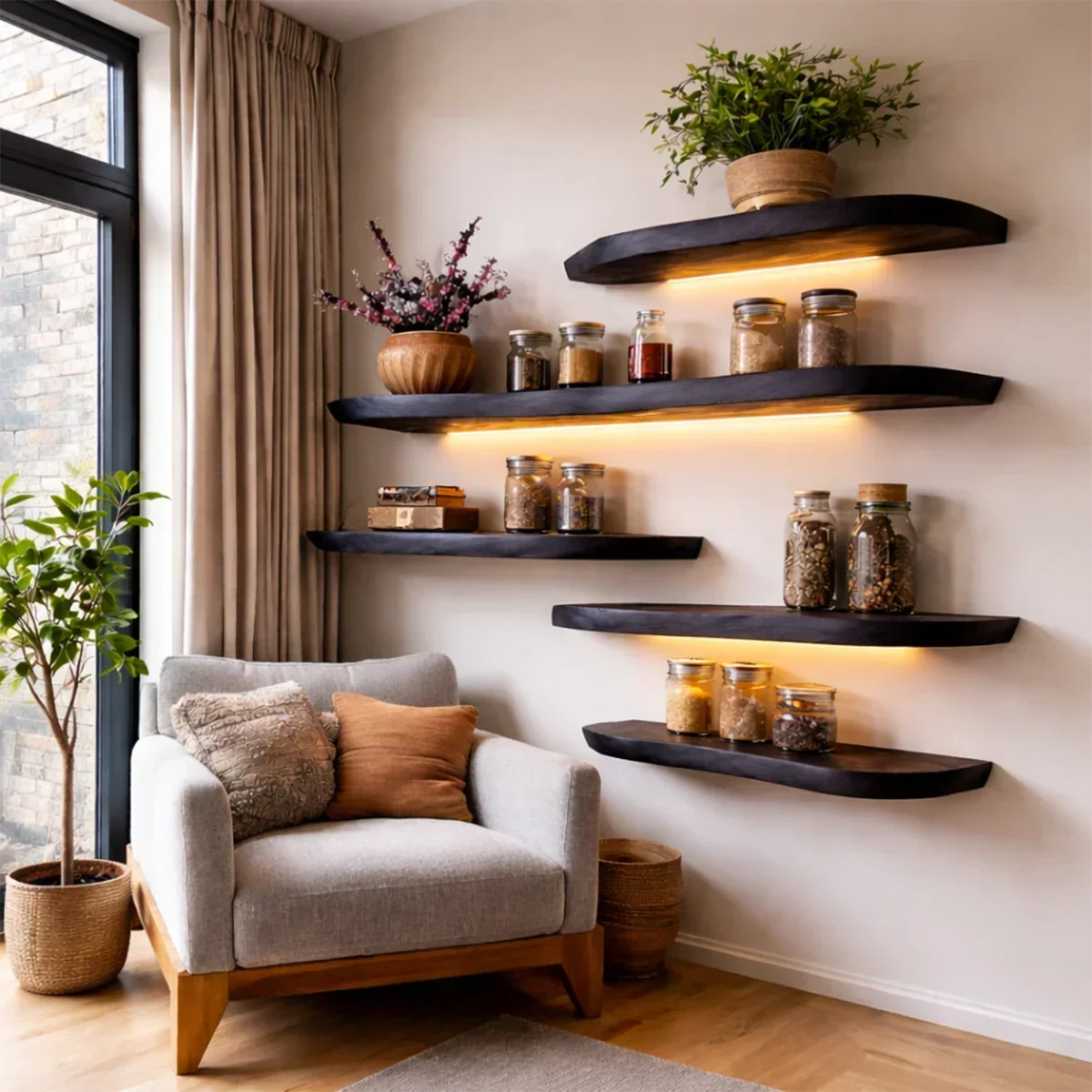 Live Edge Wall Floating Shelves Solid Wood Mounted Display Storage - ArborisWood - 7
