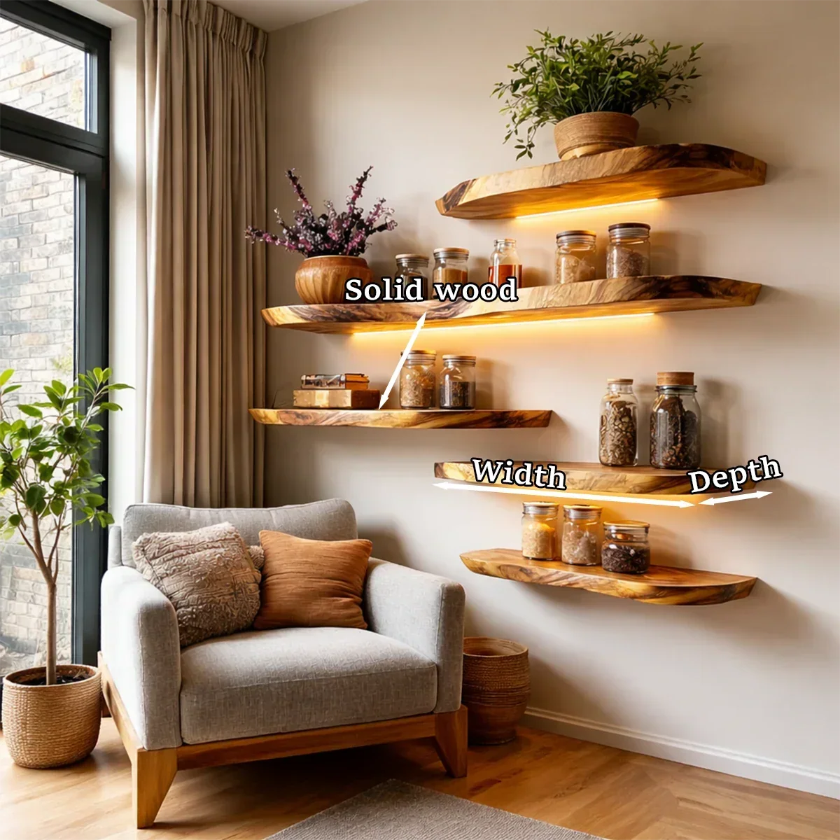 Live Edge Wall Floating Shelves Solid Wood Mounted Display Storage - ArborisWood - 8