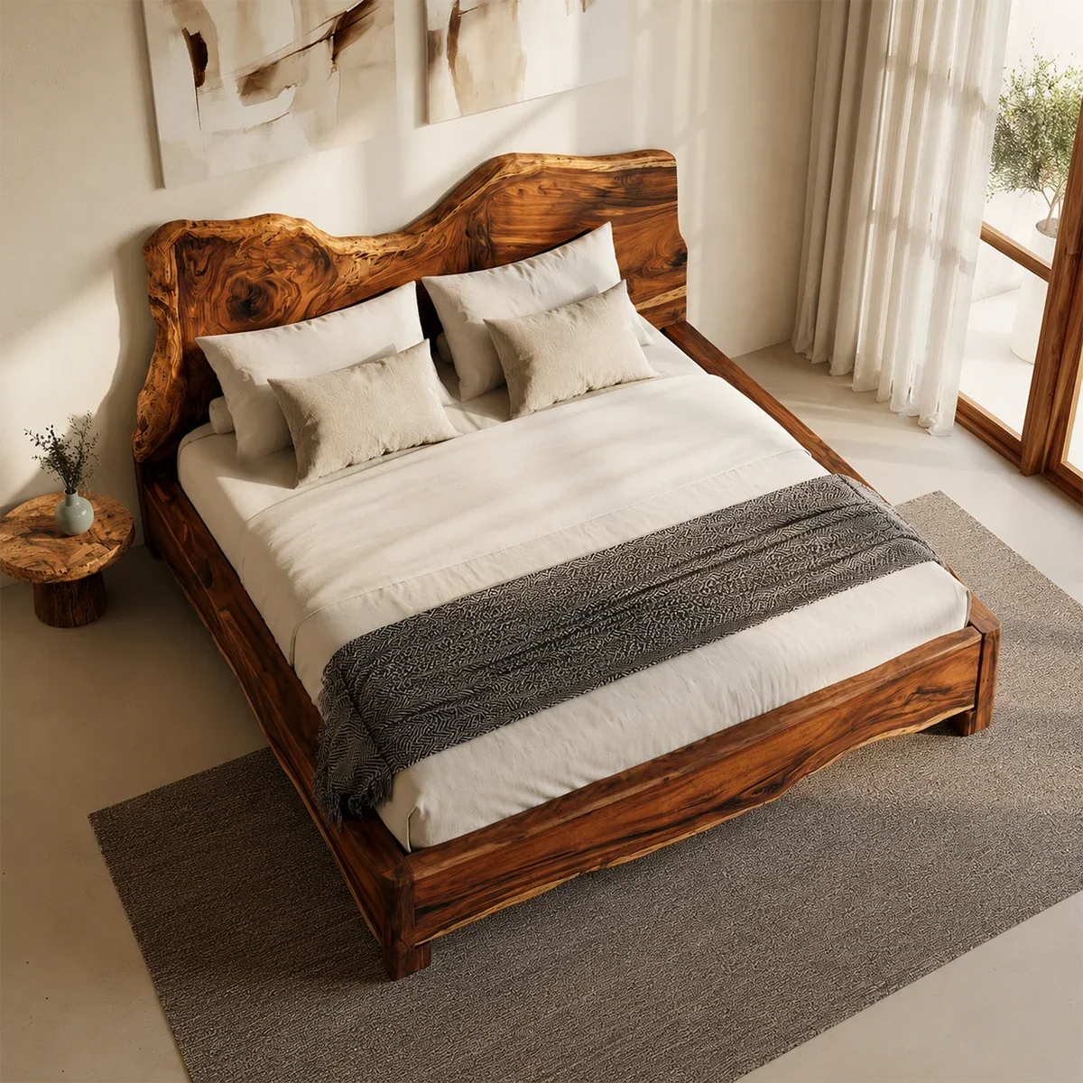 Live Edge Wooden Bed Frame in Natural Solid Wood With Organic Headboard - ArborisWood - 5