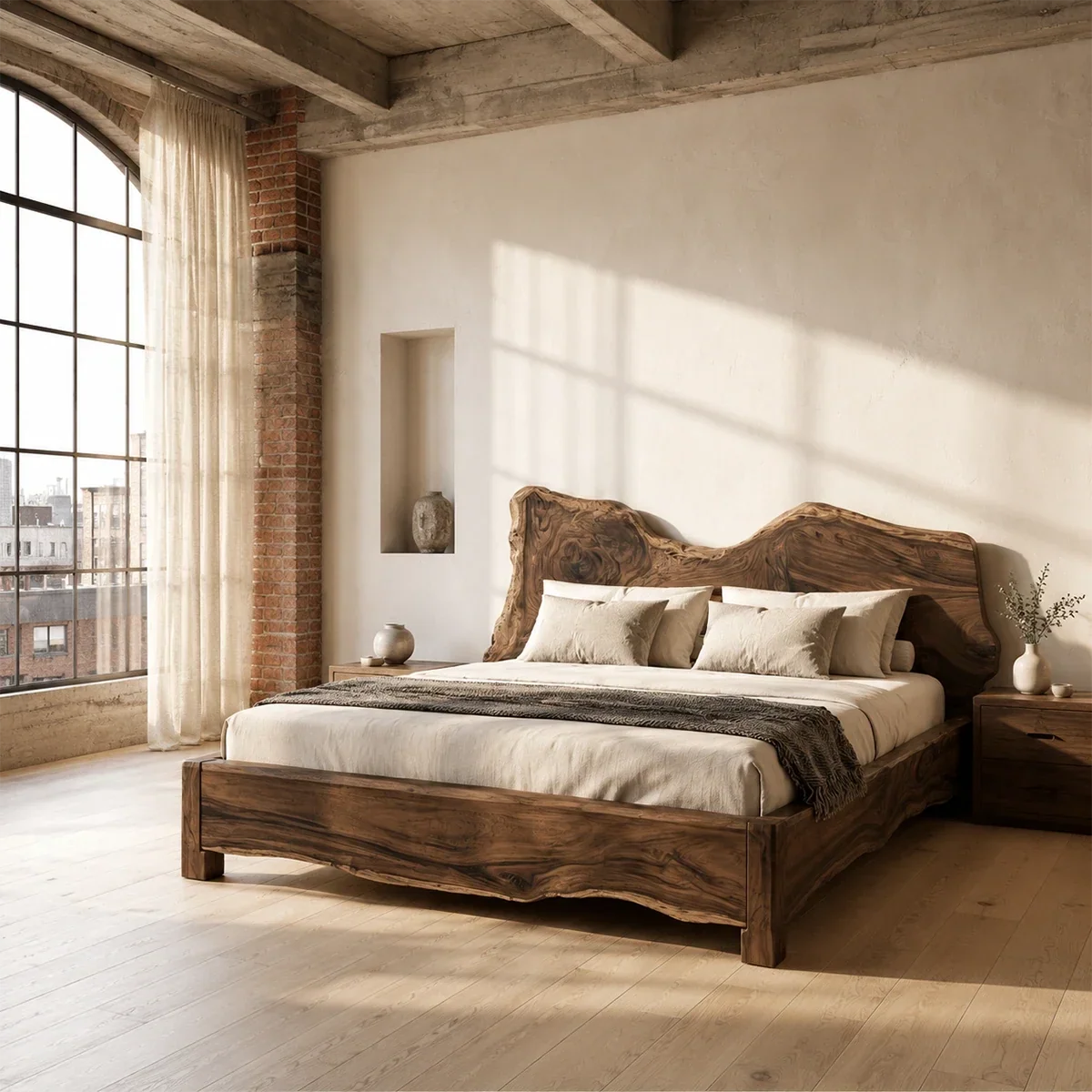 Live Edge Wooden Bed Frame in Natural Solid Wood With Organic Headboard - ArborisWood - 6