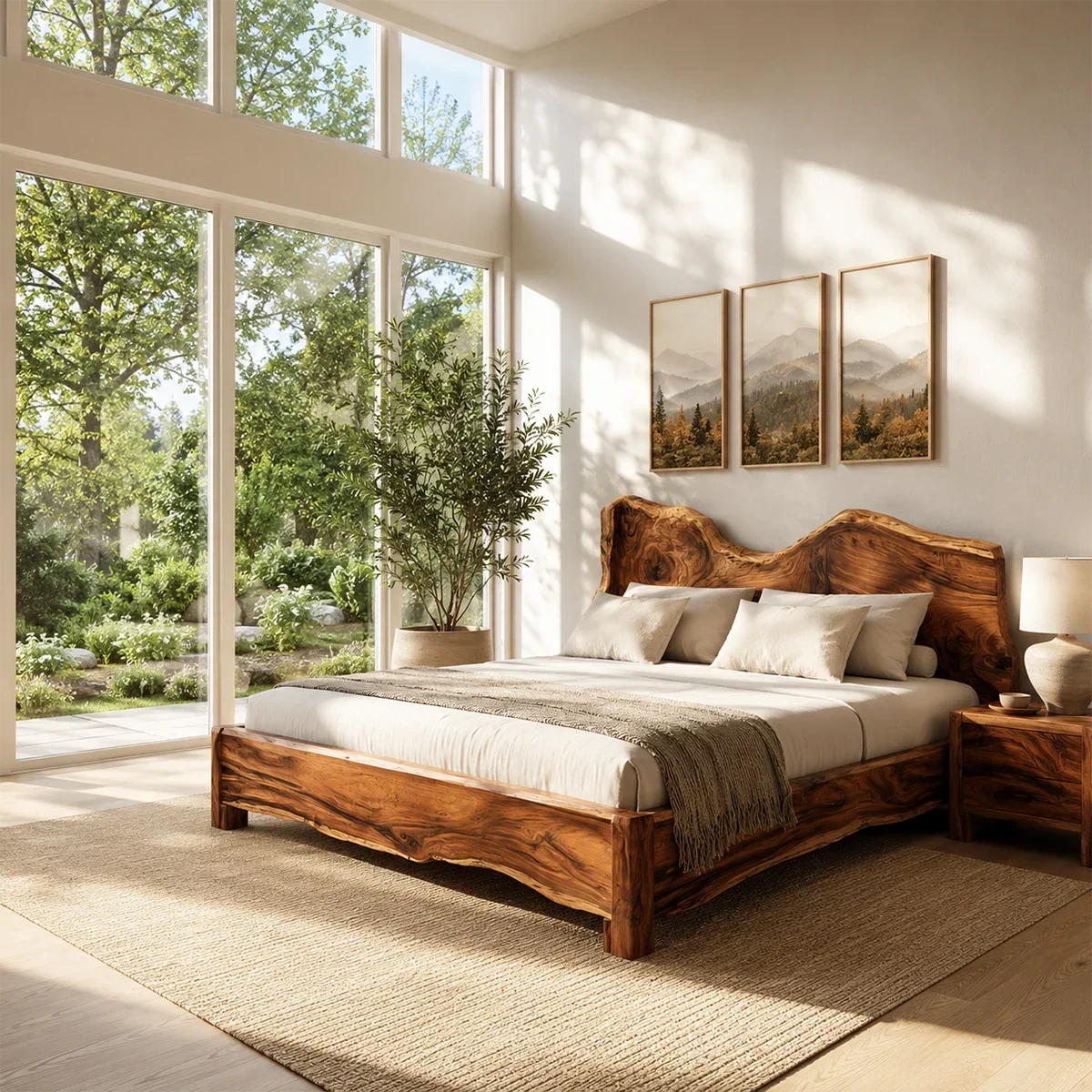 Live Edge Wooden Bed Frame in Natural Solid Wood With Organic Headboard - ArborisWood - 9