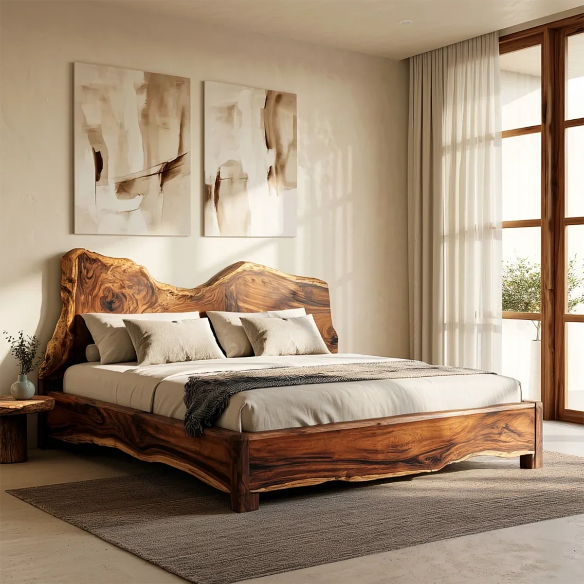 Live Edge Wooden Bed Frame in Natural Solid Wood With Organic Headboard - ArborisWood
