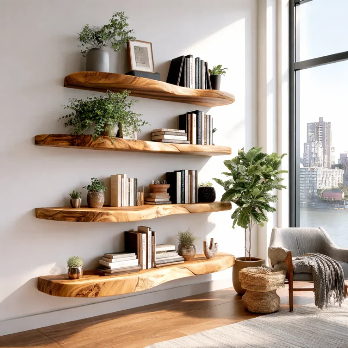 Long Live Edge Floating Shelf Solid Wood Wall Mounted Display Shelf - ArborisWood