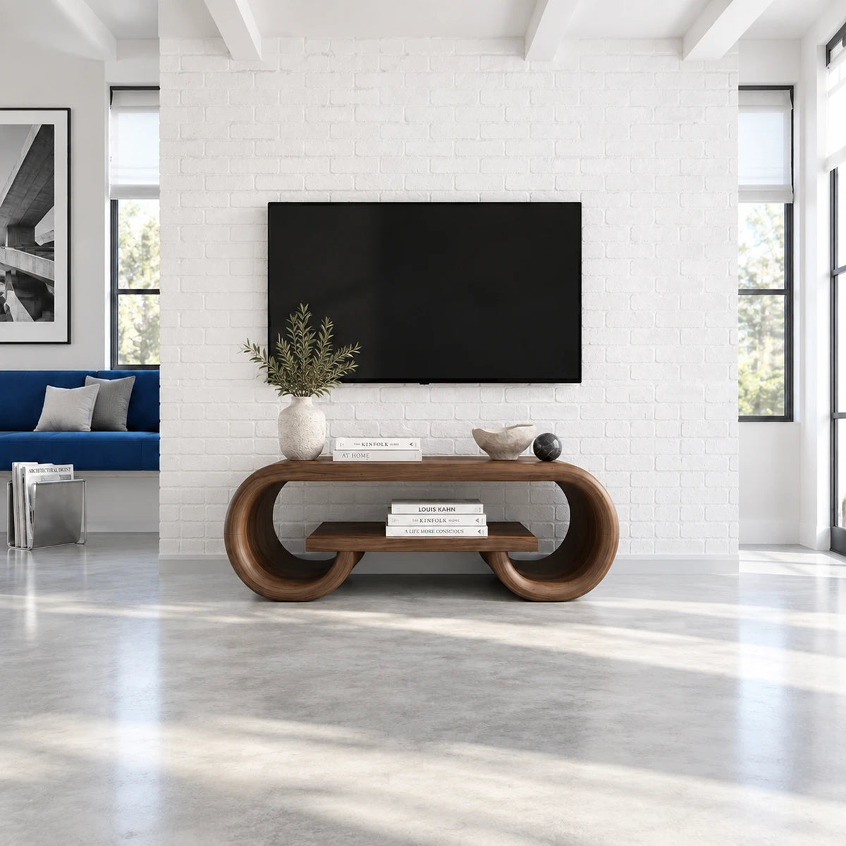 Architectural TV unit in solid wood with looped sides and open shelf space below