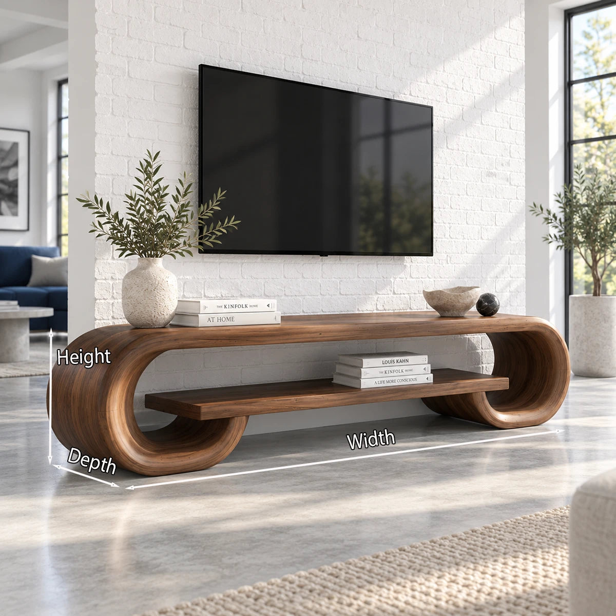 Open shelf media cabinet in solid wood with curved ends and a clean modern form look