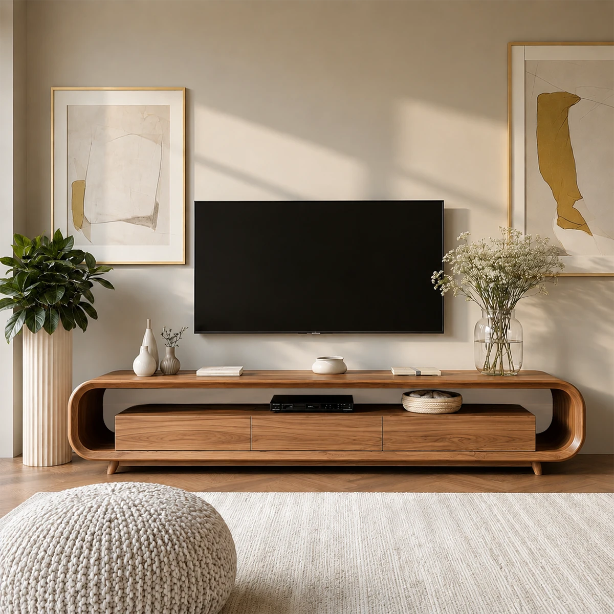 Low Profile Curved TV Stand in Natural Solid Wood with Drawer Storage - ArborisWood - 15