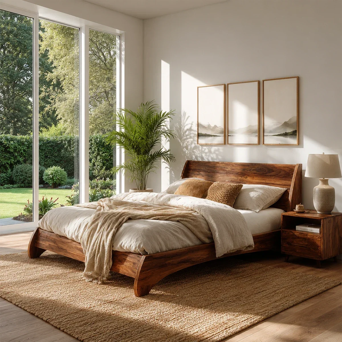 Low Profile Natural Solid Wood Bed Frame With Winged Headboard and Curved Base - ArborisWood - 10