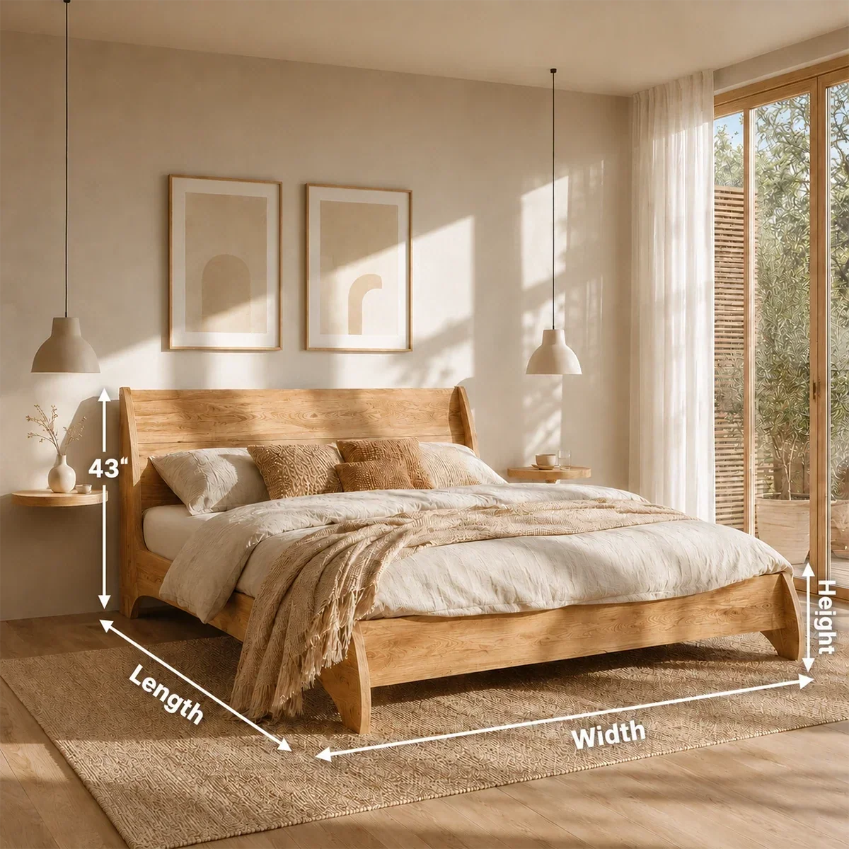 Low Profile Natural Solid Wood Bed Frame With Winged Headboard and Curved Base - ArborisWood - 11