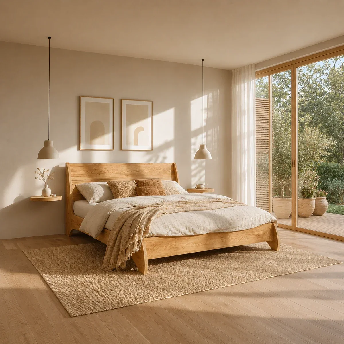 Low Profile Natural Solid Wood Bed Frame With Winged Headboard and Curved Base - ArborisWood - 2