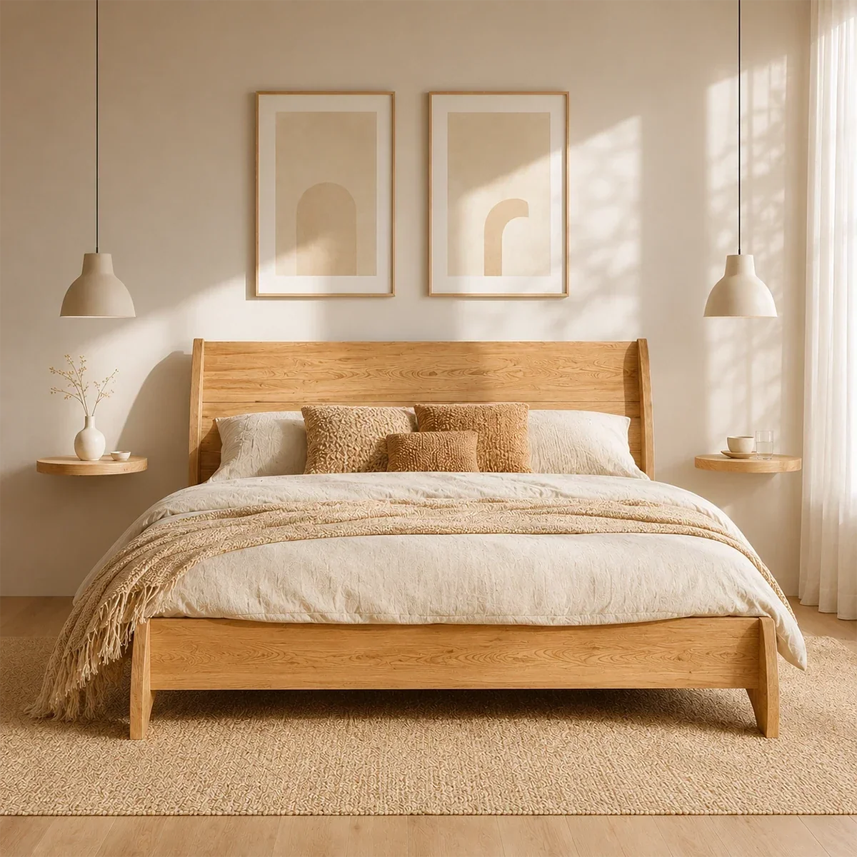 Low Profile Natural Solid Wood Bed Frame With Winged Headboard and Curved Base - ArborisWood - 3