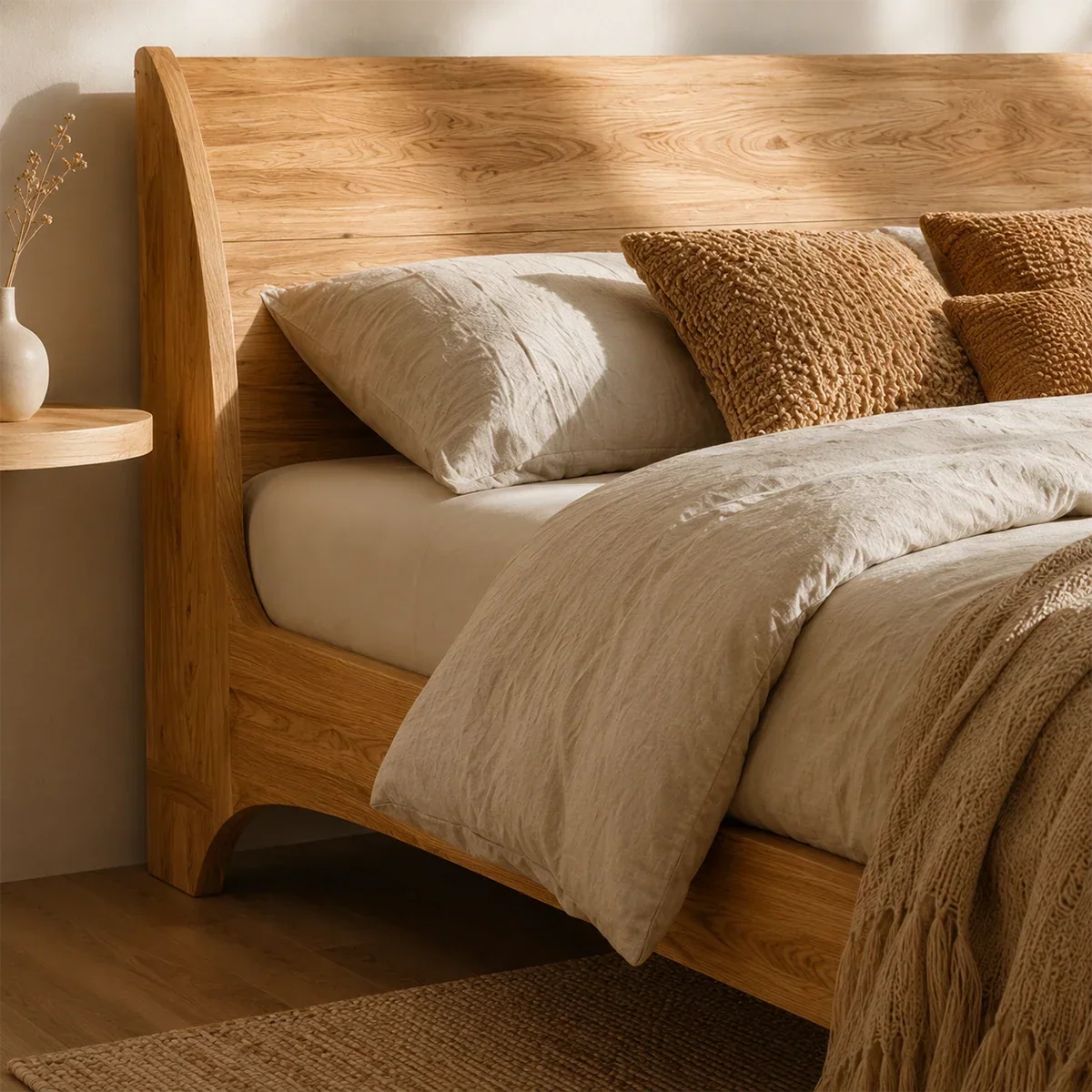Low Profile Natural Solid Wood Bed Frame With Winged Headboard and Curved Base - ArborisWood - 4