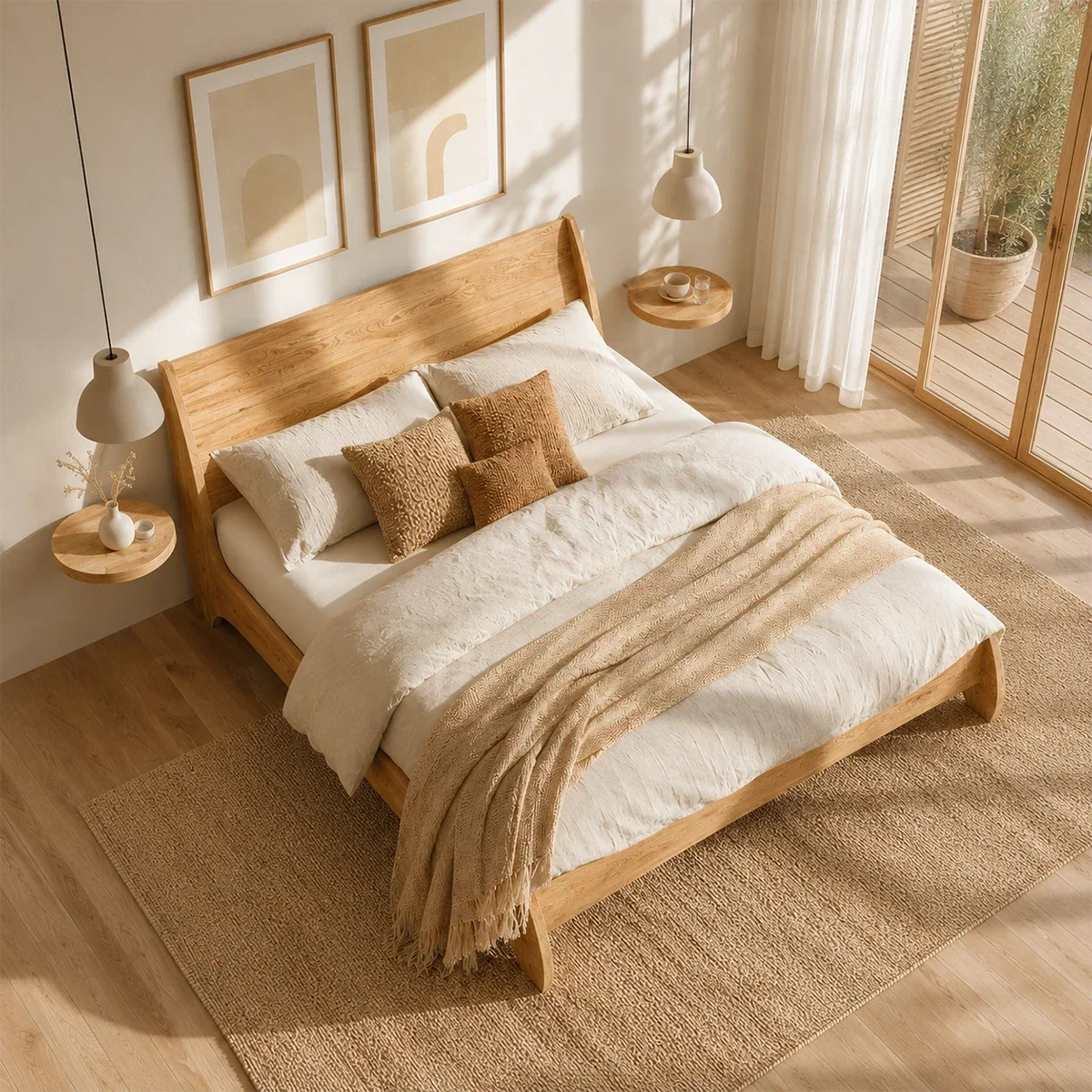 Low Profile Natural Solid Wood Bed Frame With Winged Headboard and Curved Base - ArborisWood - 5