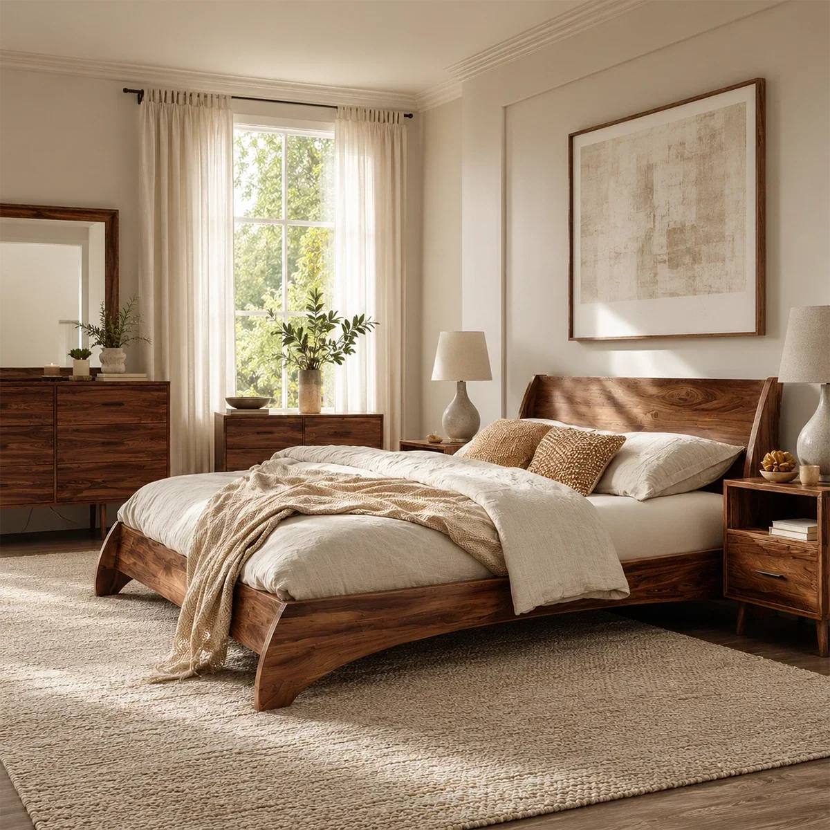 Low Profile Natural Solid Wood Bed Frame With Winged Headboard and Curved Base - ArborisWood - 6