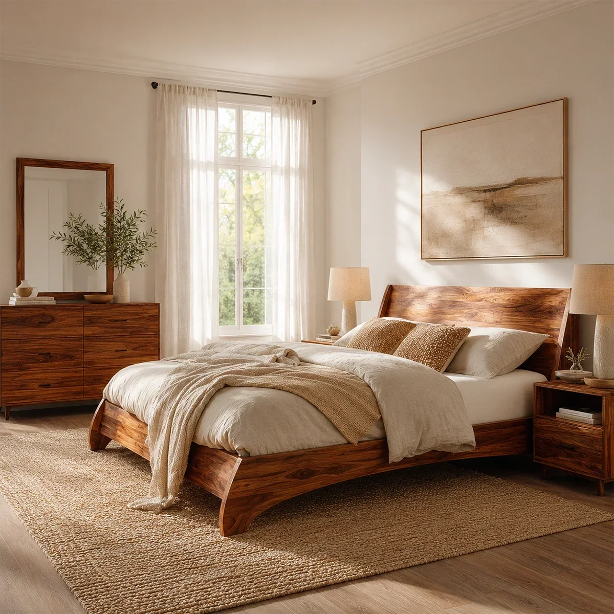 Low Profile Natural Solid Wood Bed Frame With Winged Headboard and Curved Base - ArborisWood - 7