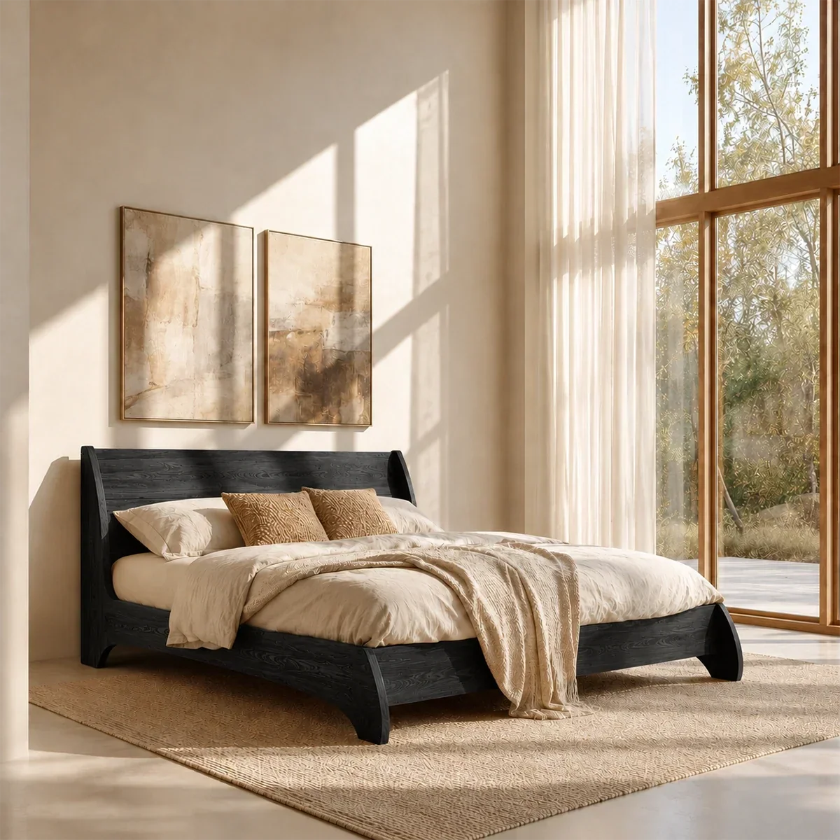 Low Profile Natural Solid Wood Bed Frame With Winged Headboard and Curved Base - ArborisWood - 8