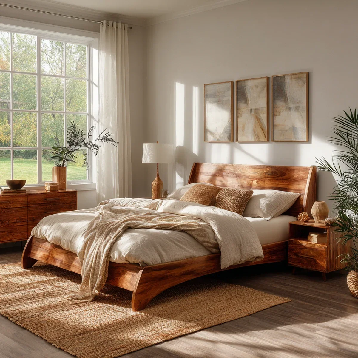 Low Profile Natural Solid Wood Bed Frame With Winged Headboard and Curved Base - ArborisWood - 9