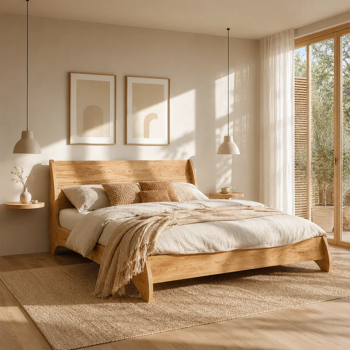 Low Profile Natural Solid Wood Bed Frame With Winged Headboard and Curved Base - ArborisWood