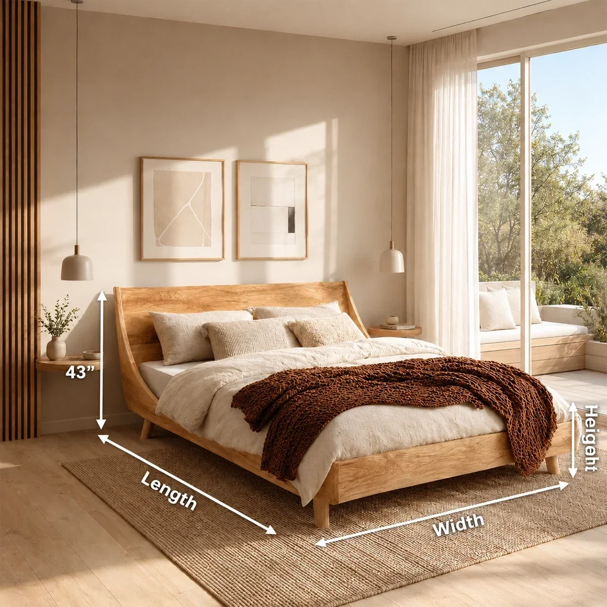 Low Profile Wooden Bed Frame in Natural Solid Wood With Sloped Headboard - ArborisWood - 11