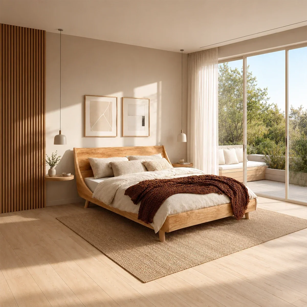 Low Profile Wooden Bed Frame in Natural Solid Wood With Sloped Headboard - ArborisWood - 2