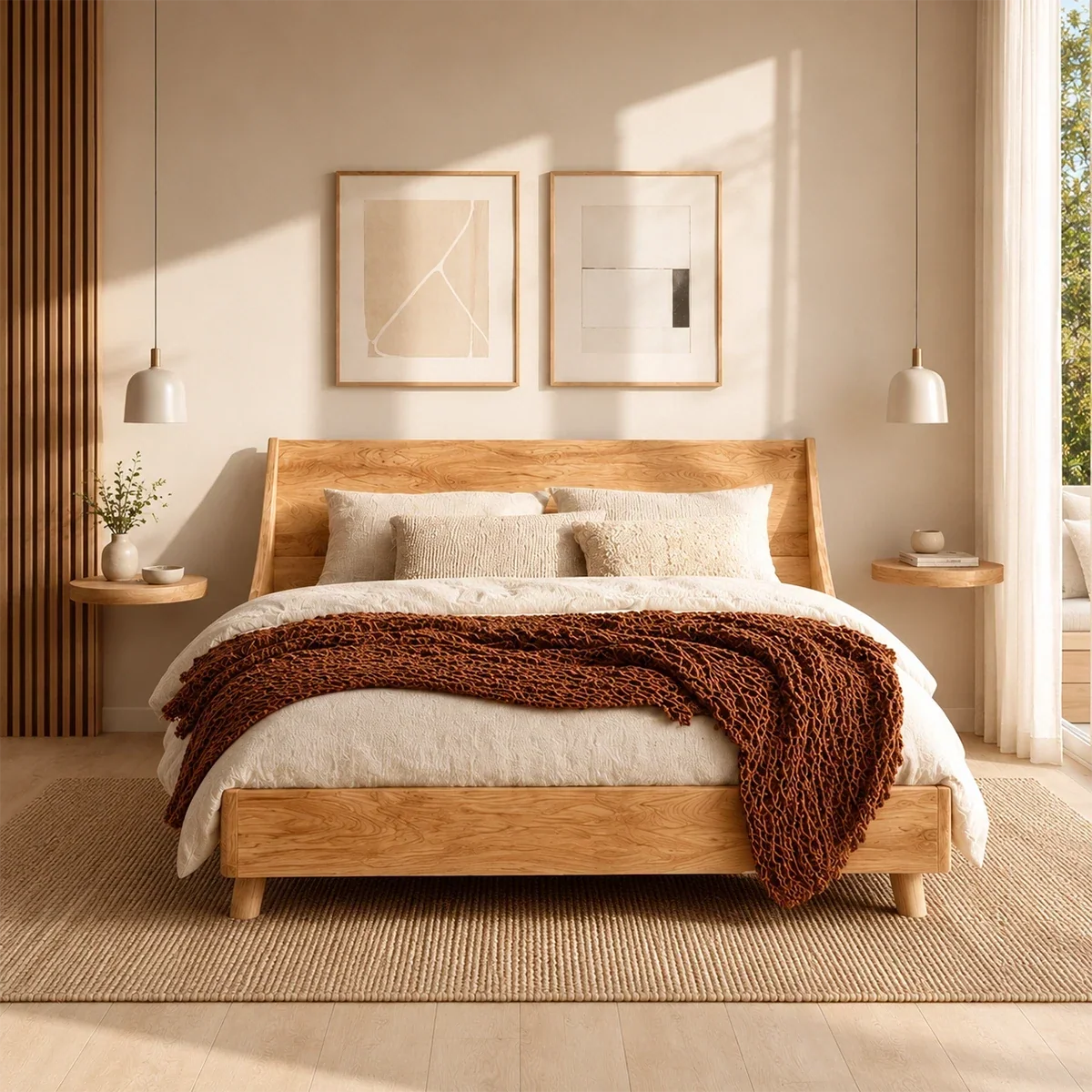 Low Profile Wooden Bed Frame in Natural Solid Wood With Sloped Headboard - ArborisWood - 3