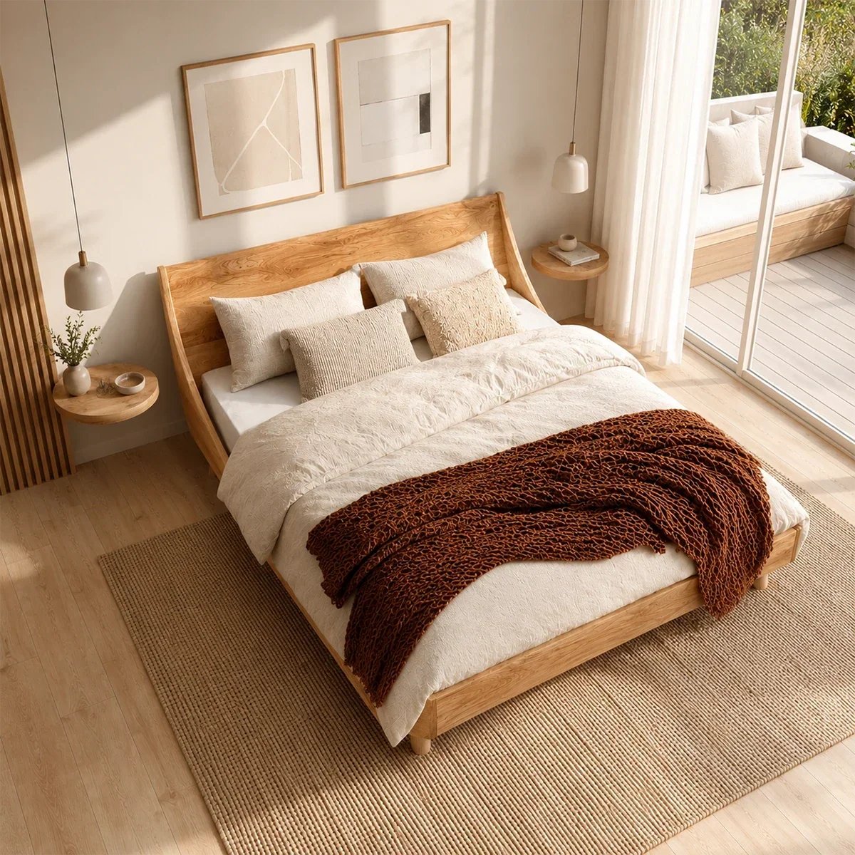 Low Profile Wooden Bed Frame in Natural Solid Wood With Sloped Headboard - ArborisWood - 5