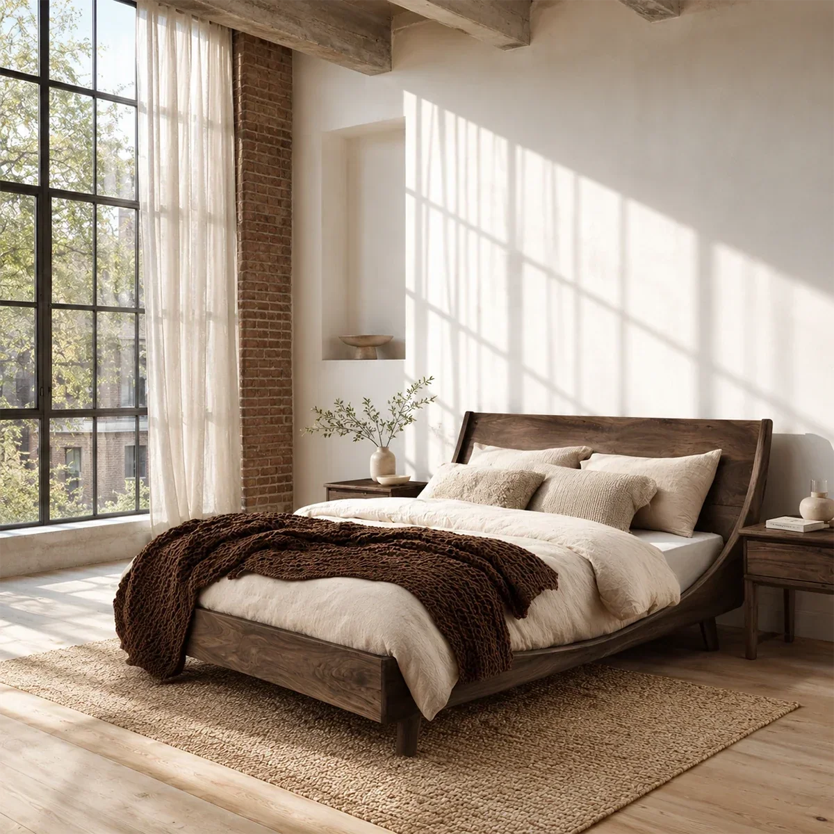 Low Profile Wooden Bed Frame in Natural Solid Wood With Sloped Headboard - ArborisWood - 6