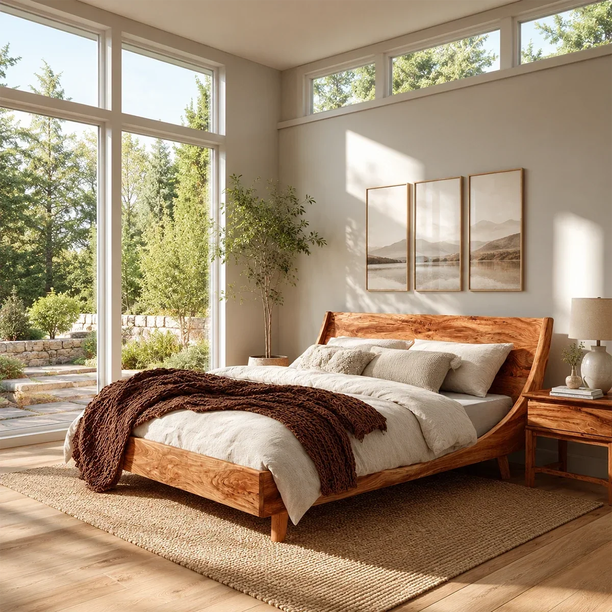 Low Profile Wooden Bed Frame in Natural Solid Wood With Sloped Headboard - ArborisWood - 7