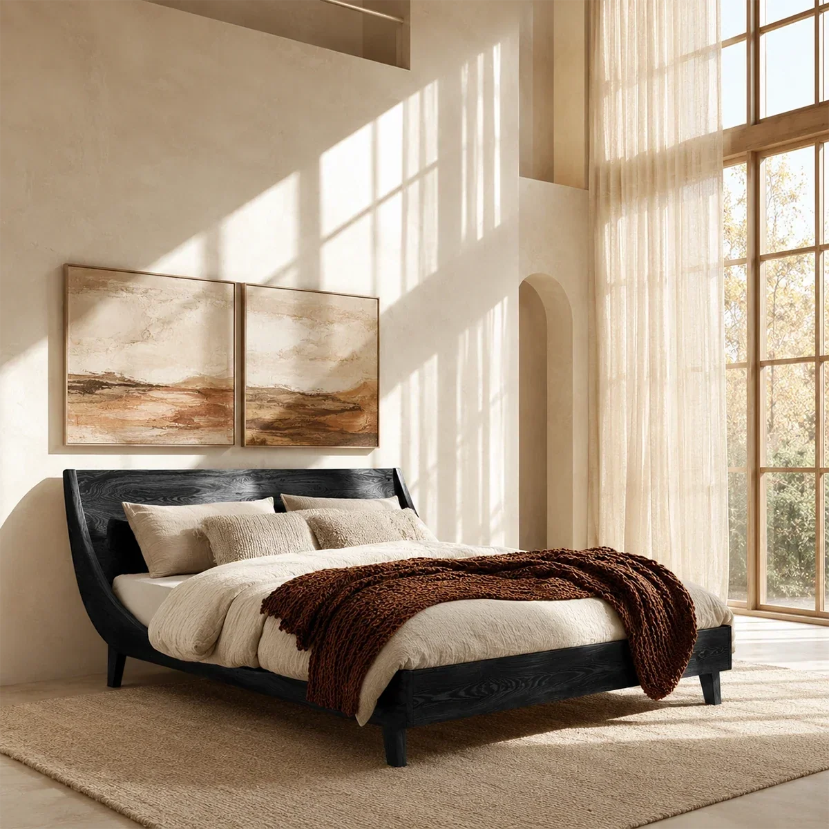 Low Profile Wooden Bed Frame in Natural Solid Wood With Sloped Headboard - ArborisWood - 8